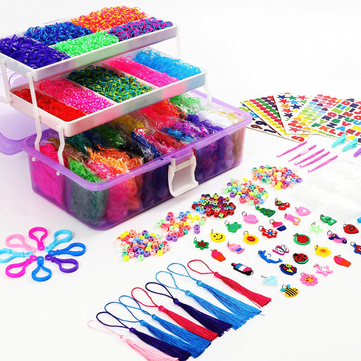 YITOHOP 15000+ Rubber Loom Bands, Mega Rubber Bands Bracelet Kit,Loom Bracelet Making Kit with 3 Layer Container,30 Colors,380 Beads,30 Charms,Clips, Hooks Tools for DIY Art Christmas Holiday Gift