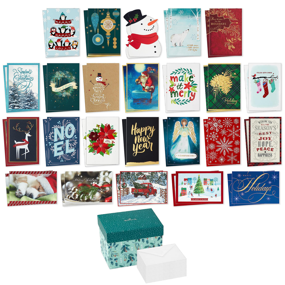 Hallmark Boxed Christmas Card Assortment with Keepsake Box (48 Cards and Envelopes) Angels, Santa, Penguins, New Year, Snowmen, Ornaments