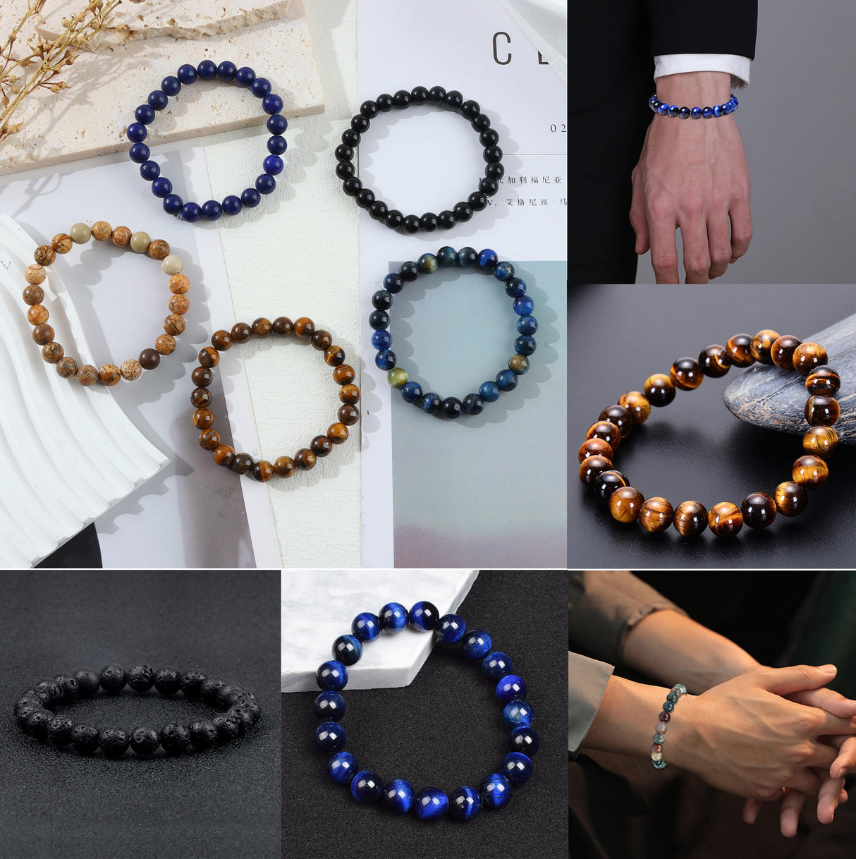 FIRAZIO 12Pcs 8mm Gemstones Beaded Stretch Bracelet for Women