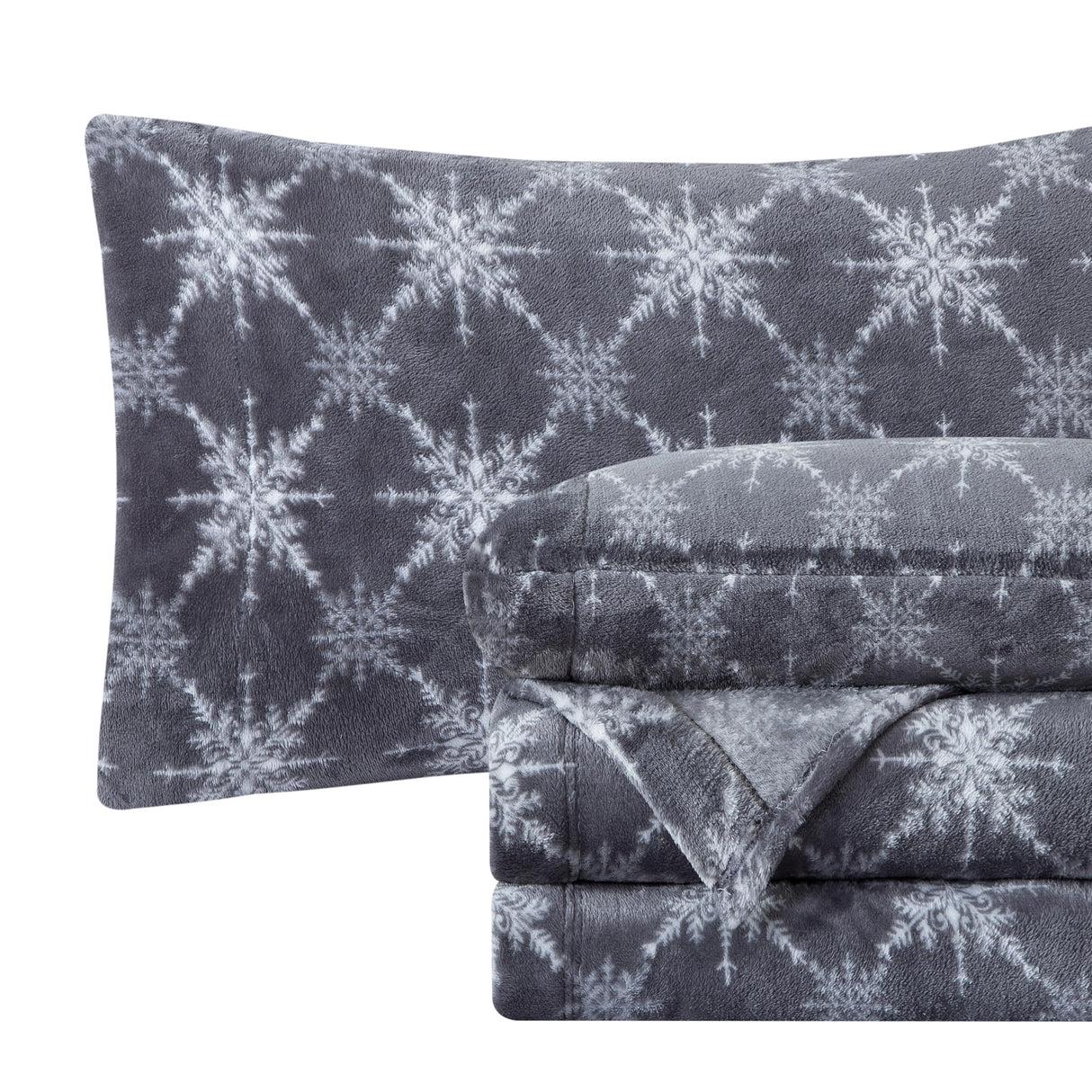 Elegant Comfort Luxuriously Soft 4-Piece Holiday Velvet Plush Flannel Sheet Set - Premium Quality - Cozy Warm, Christmas Fuzzy Velvet Flannel Fleece Deep Pocket Sheet Set - Queen, Gray Snowflake