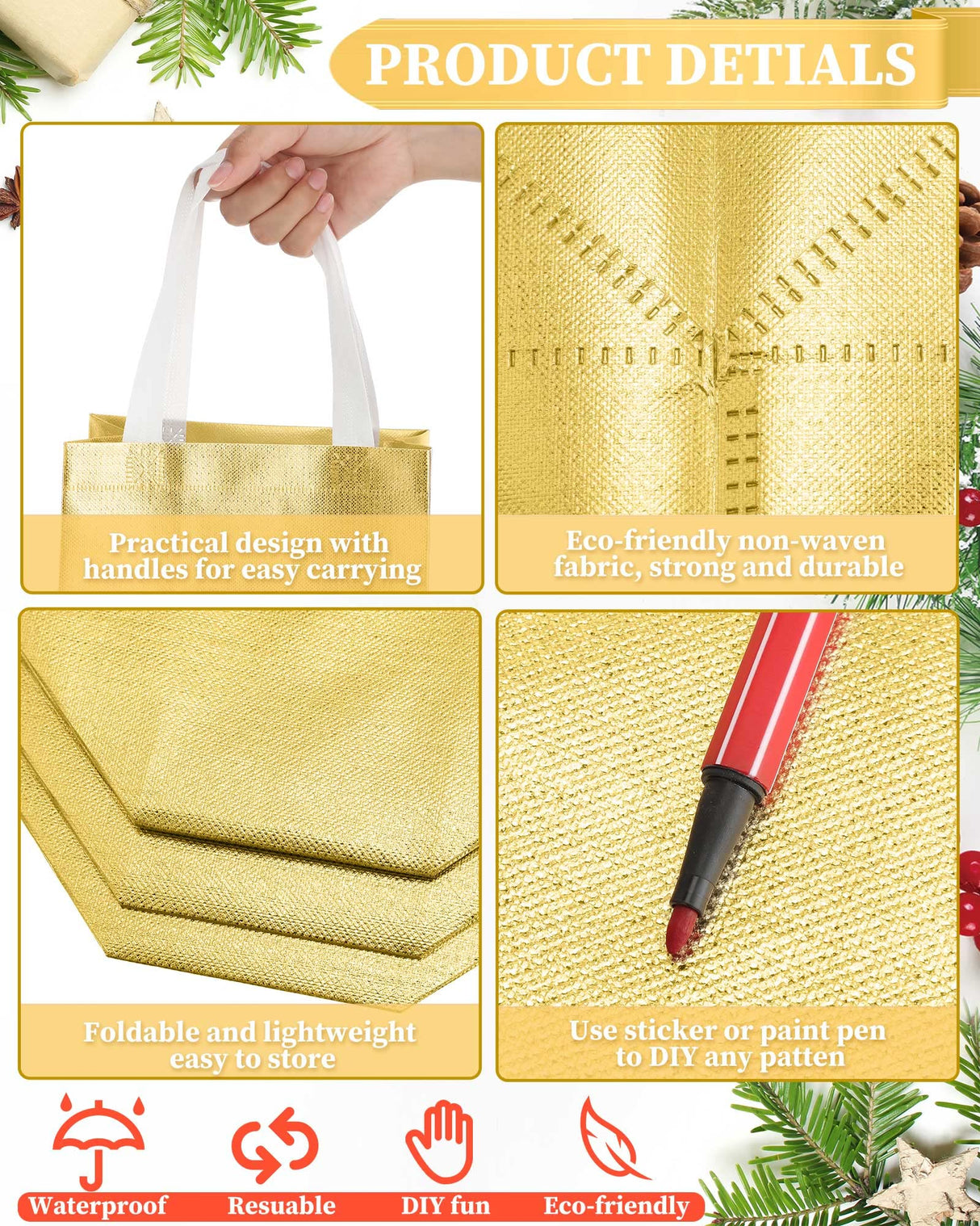 Eccliy 80 Pieces Gift Bags Set Glossy Reusable Tote with Handles Grocery Bags for Wedding, Halloween, Thanksgiving, Christmas(Medium,Gold)