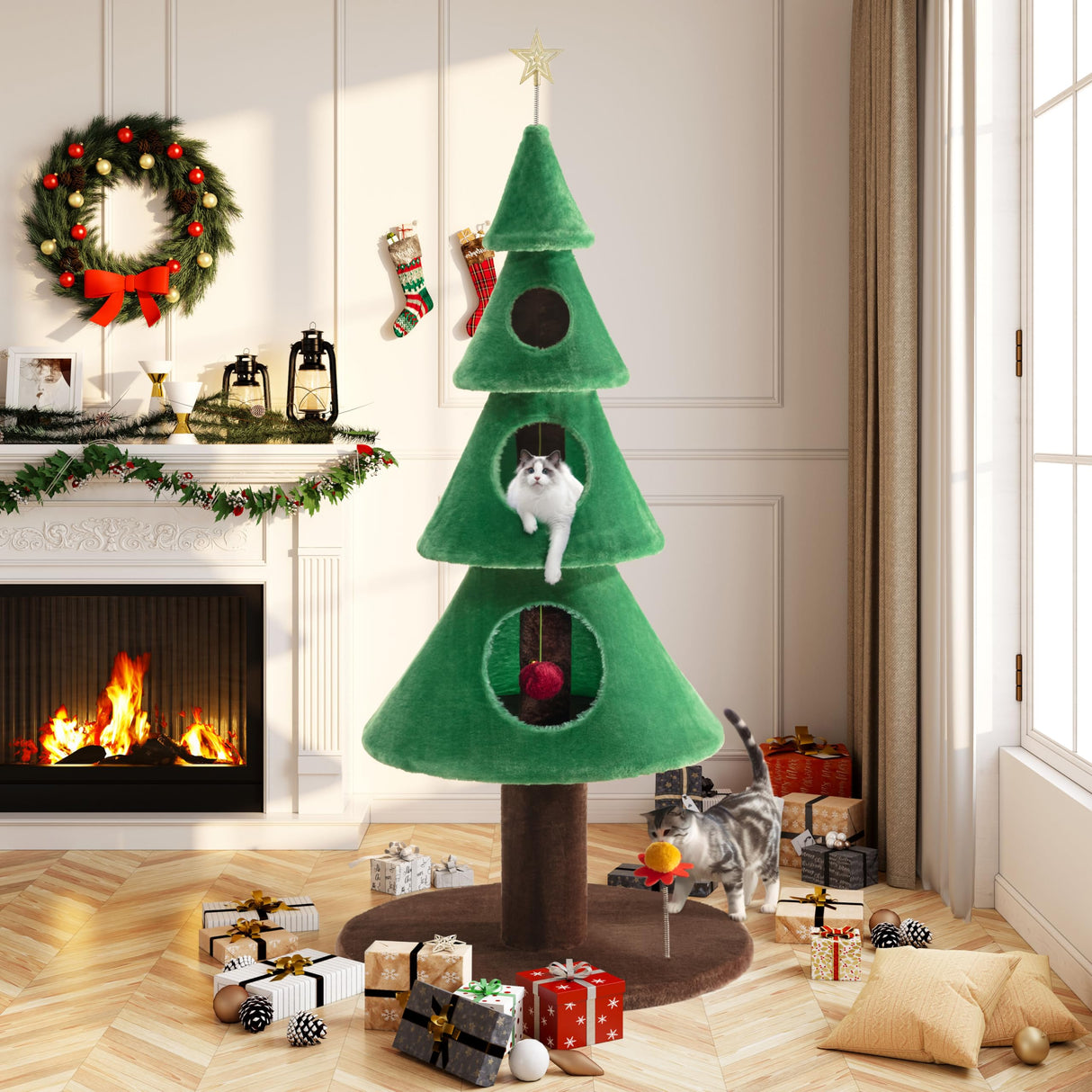 Allewie 63 Inches Cat Tree for Indoor Kitty/Tower with 3 Condos/ 5ft Christmas Tree Party Decoration/Activity Center Play House and Beds/Green