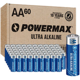 Powermax 60-Count Double AA Batteries, Ultra Long Lasting Alkaline Battery for Home and Office, 10-Year Shelf Life, Reclosable Packaging
