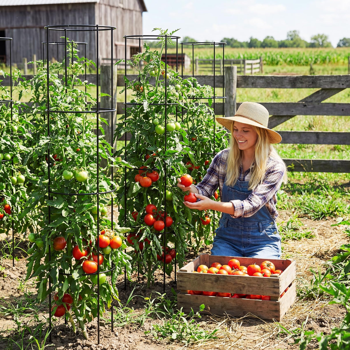 60 Inch Round Tomato Cages for Garden - 2 Pack Heavy Duty Metal Tomato Trellis Plant Support, Adjustable Height & Stackable, Easy Assembly for Outdoor Climbing Plants