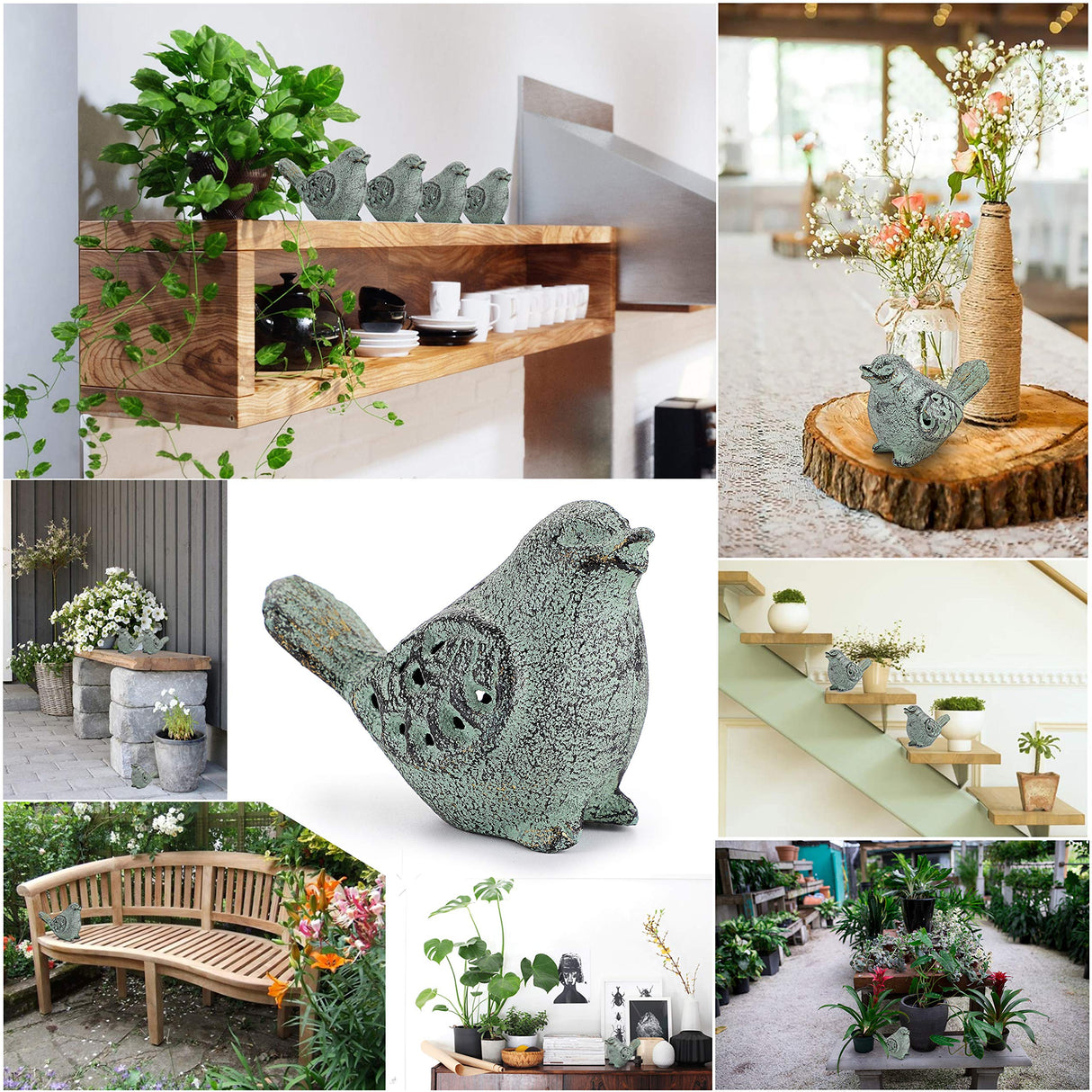 OwnMy 2 Cast Iron Green Bird Sculptures Outdoor Indoor Small Birds Statues