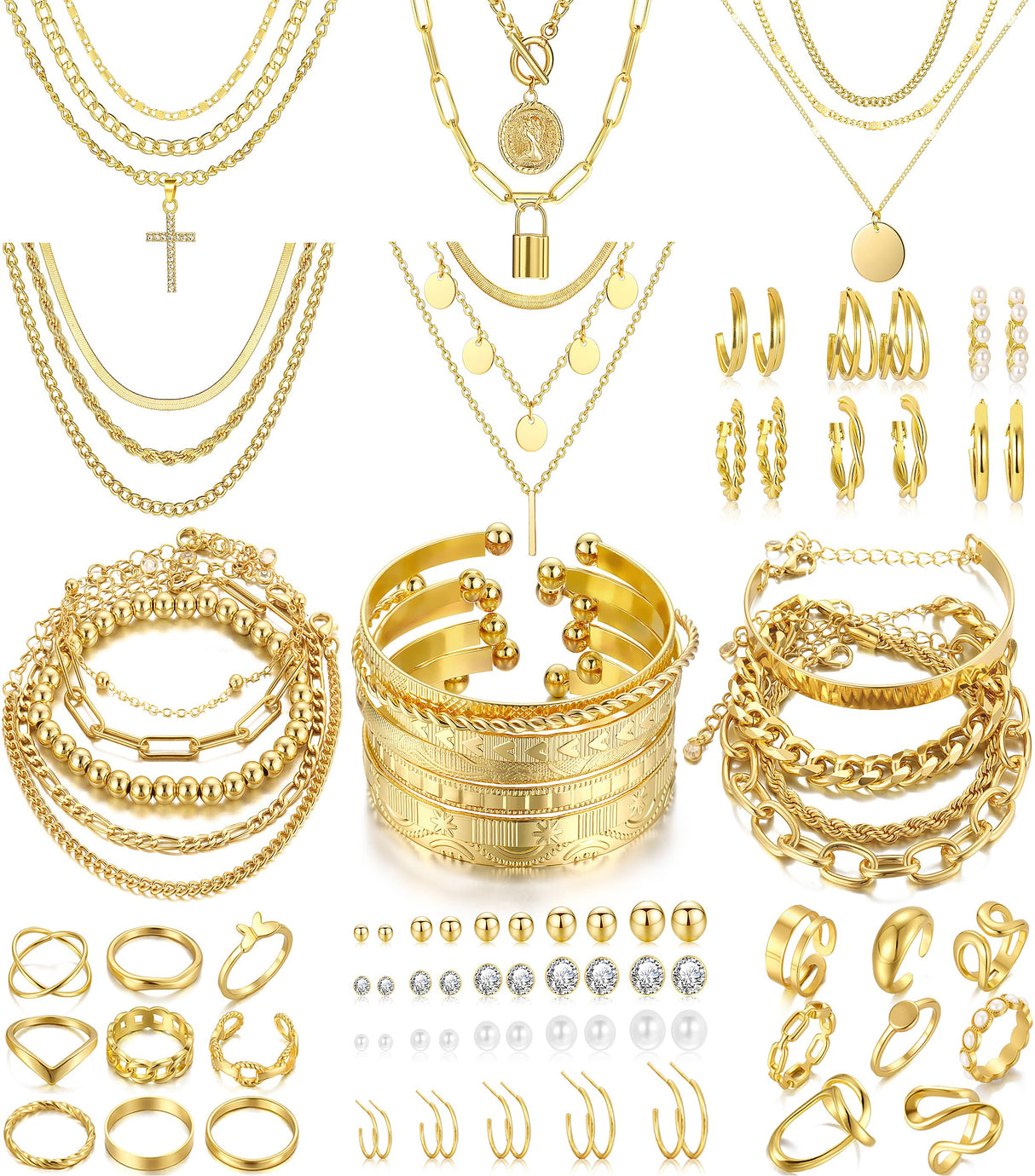 FAXHION 68 Pcs Gold Jewelry Set for Women with 7 Necklace, 17 Bracelet, 5 Hoop Earrings, 15 Stud Earrings, 24 Knuckle Rings for Women Jewelry Set for Women Gift