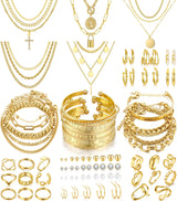 FAXHION 68 Pcs Gold Jewelry Set for Women with 7 Necklace, 17 Bracelet, 5 Hoop Earrings, 15 Stud Earrings, 24 Knuckle Rings for Women Jewelry Set for Women Gift