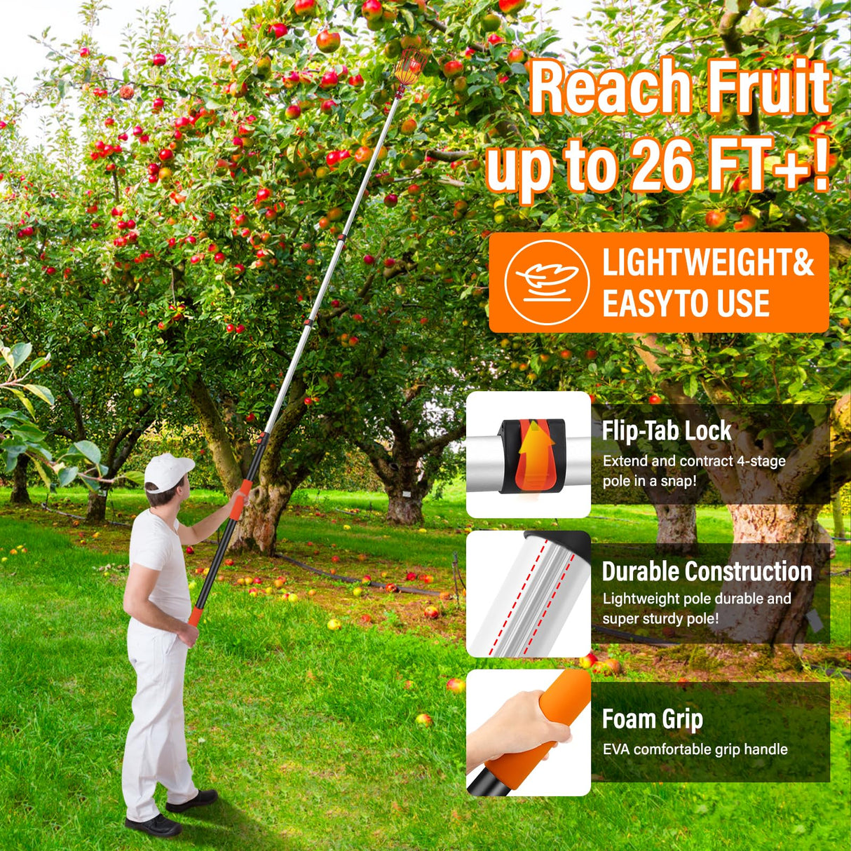 ACTREY 26FT Reach Fruit Picker Pole with Basket Telescoping,Apple Picker