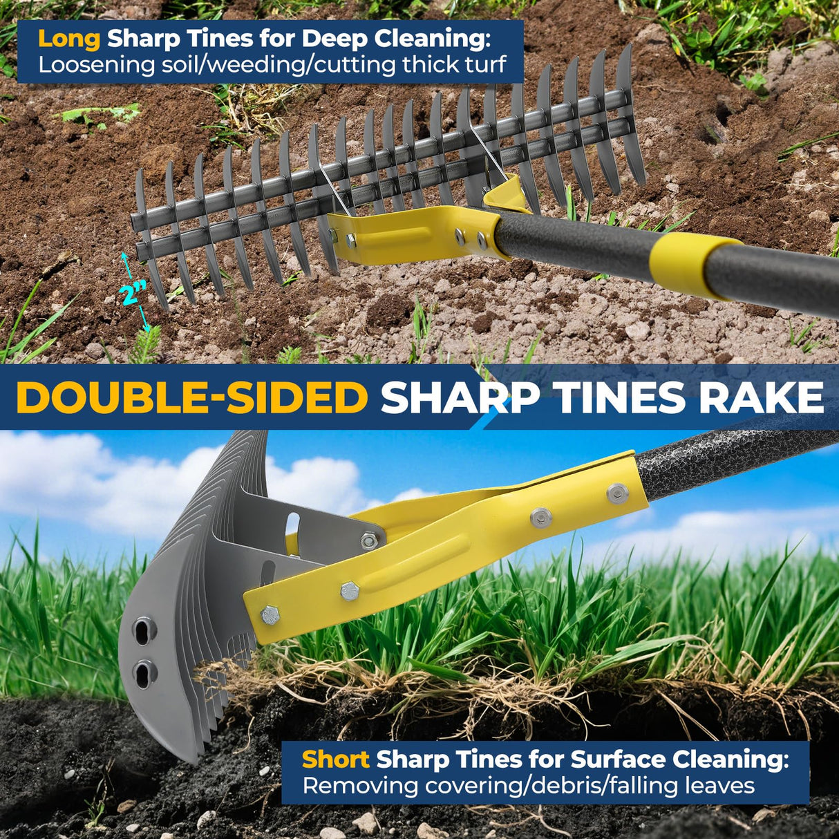 Rake, 70" Heavy Duty Metal Dethatcher Rake with 15" Wide Double-Edged Sharp Tines Thatch Rakes for Lawns,Mulch Dead Grass Removal, Loosening Soil,Lawn Care, Dethatching,Yard,Garden