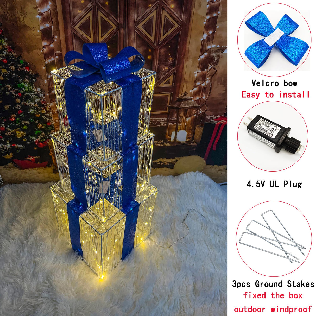 Christmas Decorations, Purtuemy Set of 3 Christmas Lighted Gift Boxes 140 LED Light up Present Ornament for Tree Indoor Outdoor Yard Holiday Door,Warm White