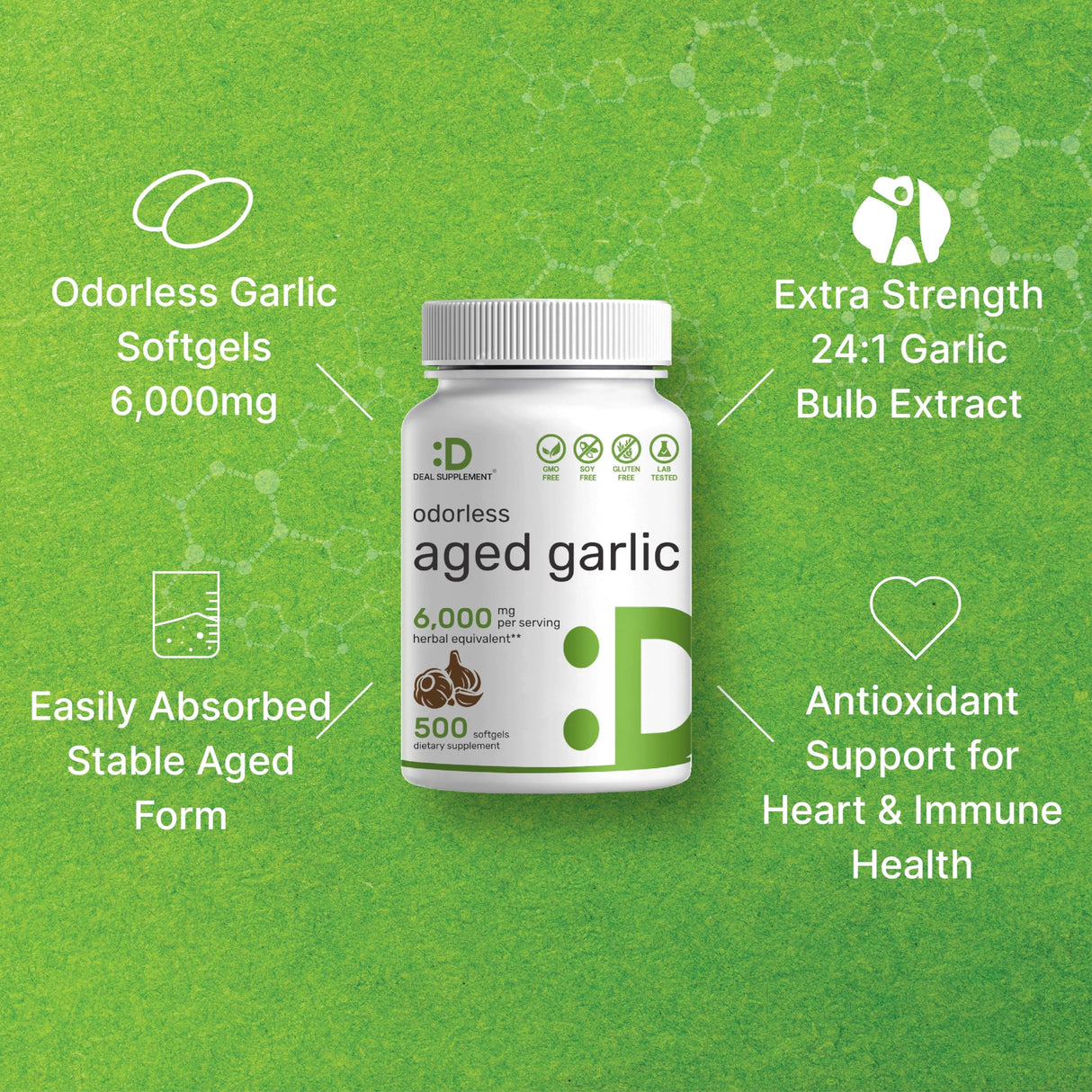 Odorless Aged Garlic Pills, 6,000mg Per Serving, 500 Softgels – 24:1 Garlic Oil Extract – Fresh Allium Sativum Bulb Source – Heart & Immune Antioxidant Supplements – Non-GMO