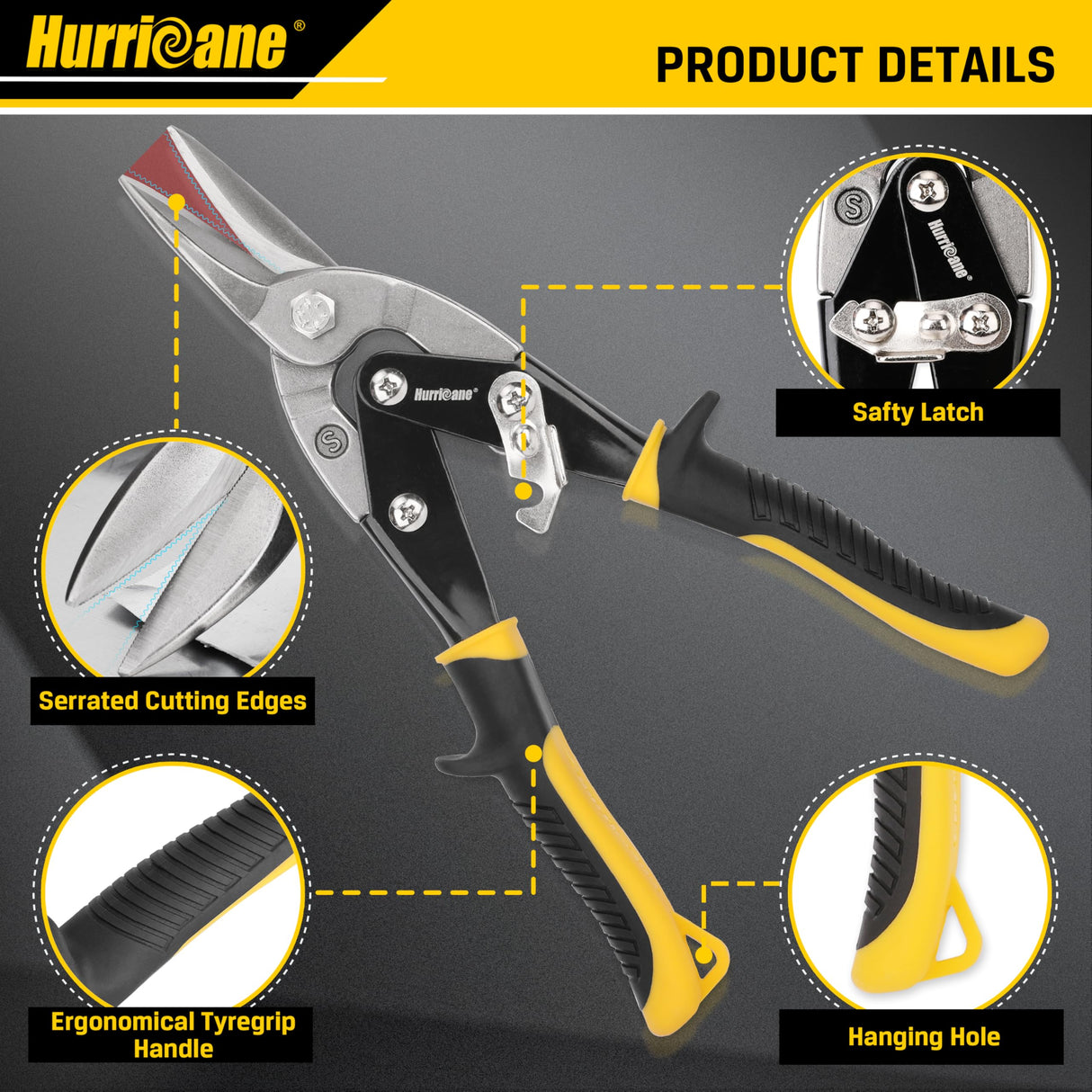 HURRICANE 3 pc Aviation Tin Snips Set, 10 Inch Metal Shears for Straight, Left & Right Curves, Cr-V Steel Blades, Non-Slip TyreGrip Handle, Safety Latch, for Sheet Metal, Gutter, HVAC, DIY