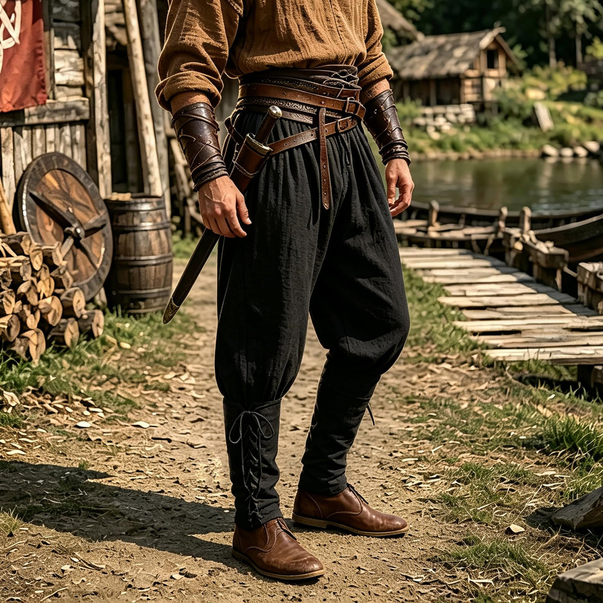 Men's Medieval Renaissance Pirate Pants Viking Ren Faire Costume(M,Black)