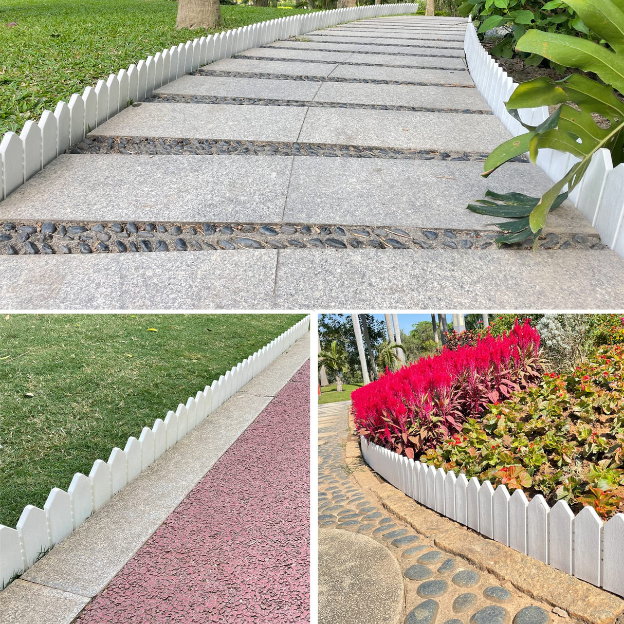 ARRYNTHEON Landscape Edging Kit 6.7 in Tall Decorative Double-Sided Wood-Look Fence Garden Border, Flower Bed Edging with 30 Anchoring Spikes, 13.9 Foot Kit (White)