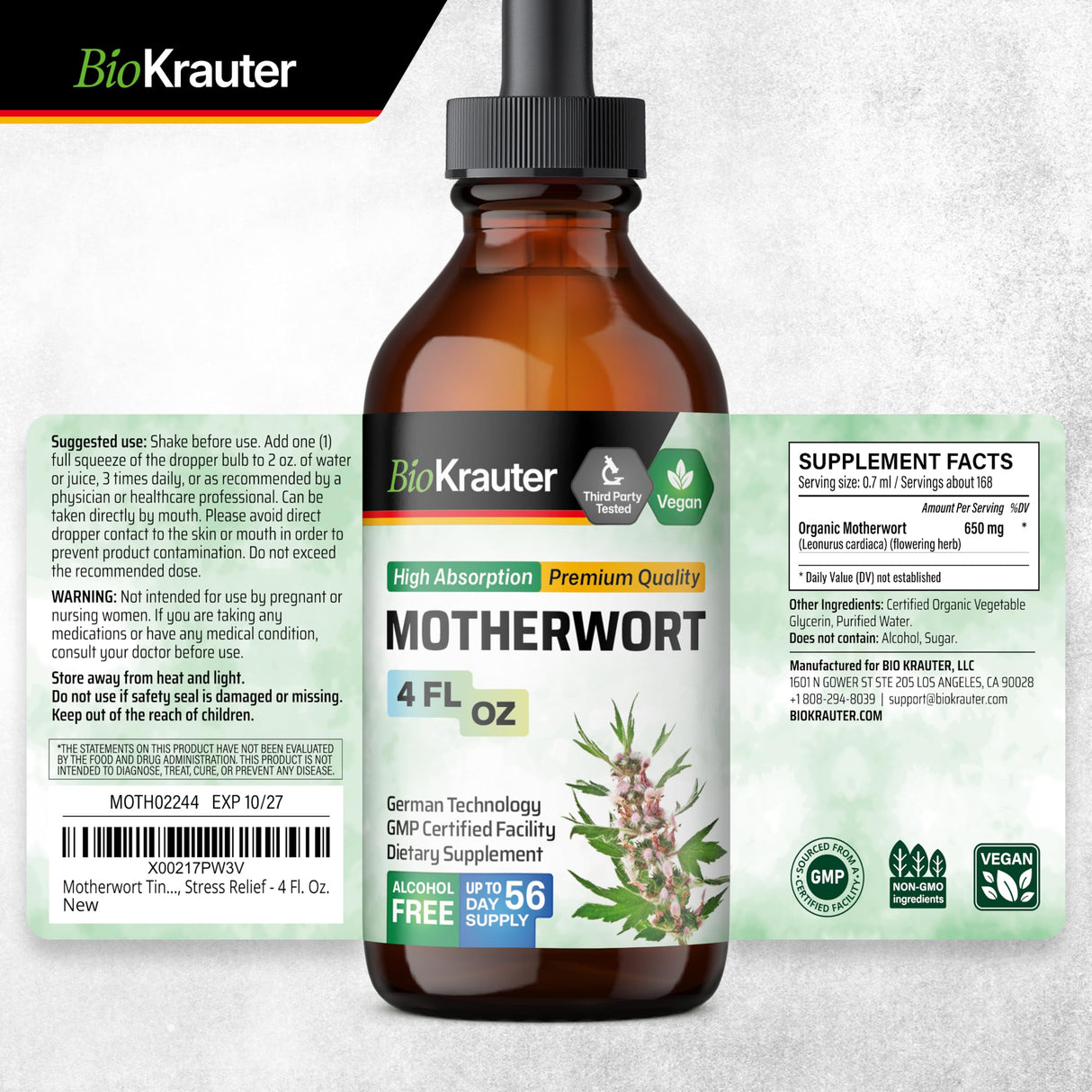 BIO KRAUTER Motherwort Tincture - Motherwort Herbal Extract - Liquid Supplement for Women’s Health - Promote Calm - Alcohol & Sugar Free - Vegan Drops 4 Fl.Oz.
