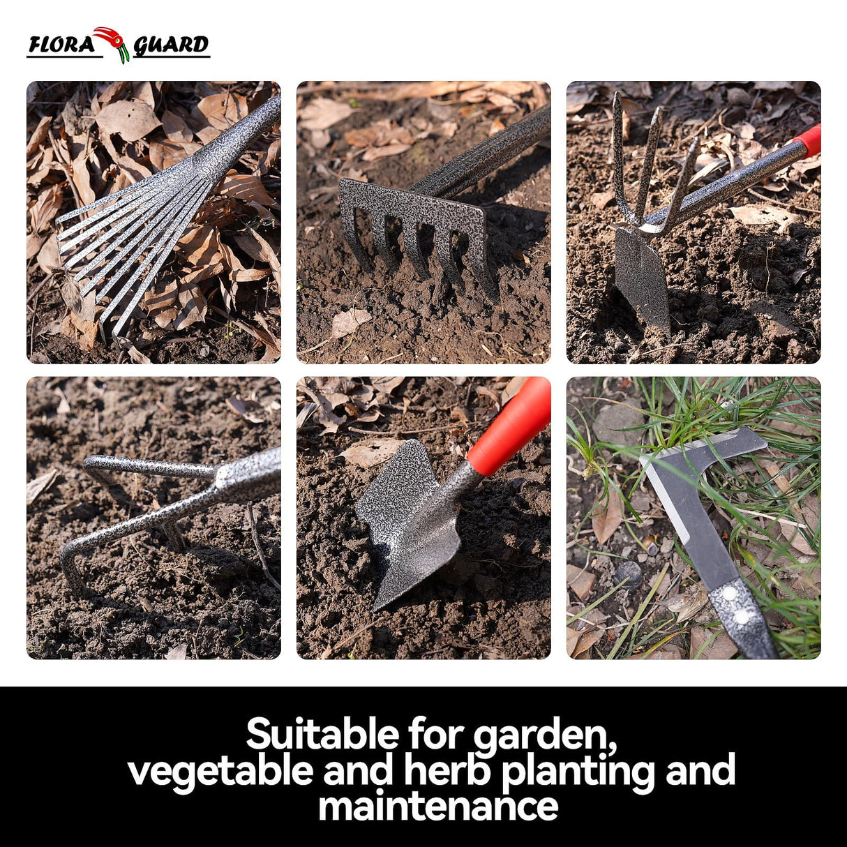 FLORA GUARD 6-Piece Garden Tool Set, Heavy Duty Gardening Hand Tools with Trowel, Rakes, Cultivator, Hoe & Crack Weeder, High Carbon Steel Yard Tools for Weeding, Planting, Digging, Gardening Gifts