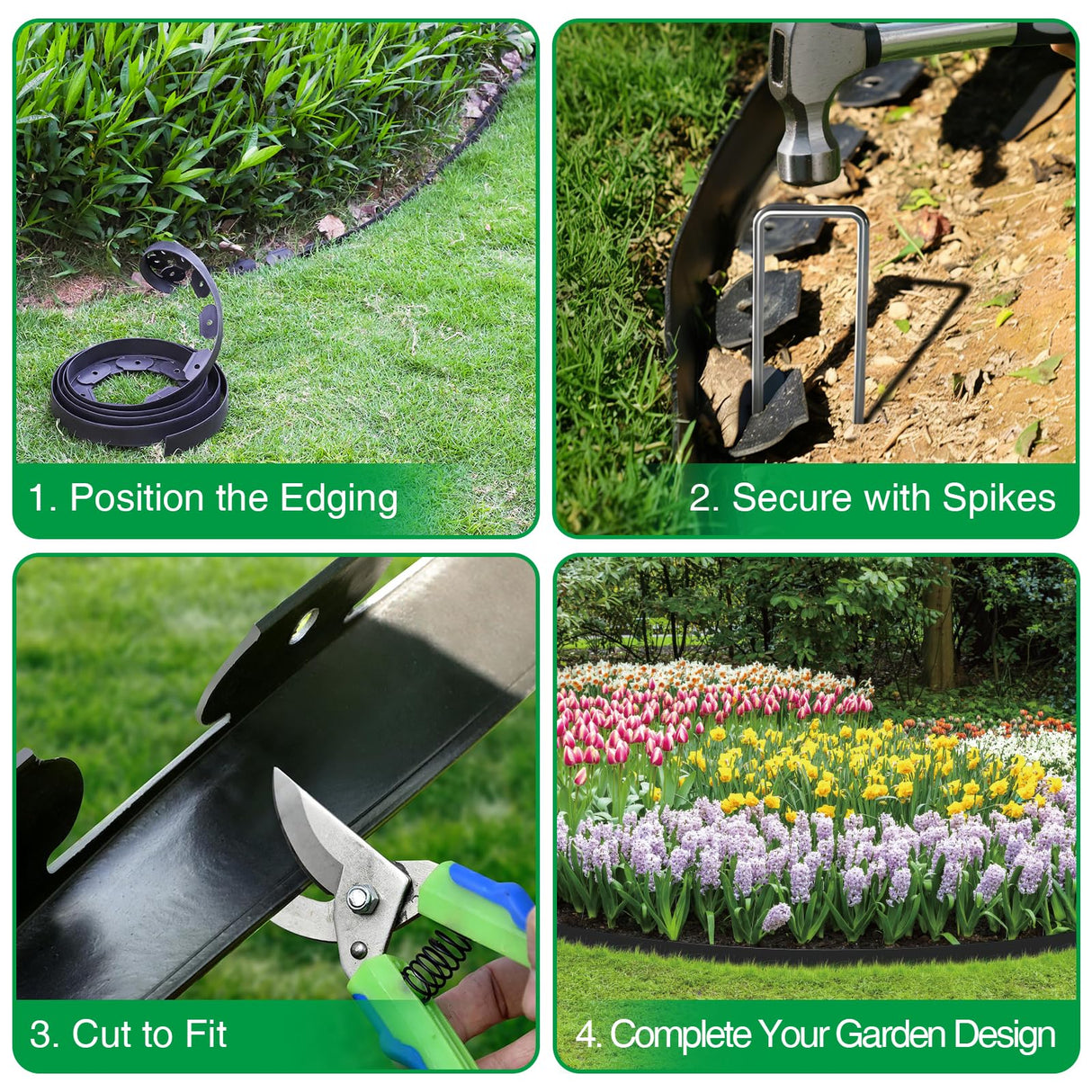 Bonviee 100FT Landscape Edging Kit, 1.5”No-Dig Garden Edging Border with 150 Stainless Steel Stakes, 2 x 50FT Flexible Lawn Edging for Flower Beds, Yard, Tree Rings & Landscaping