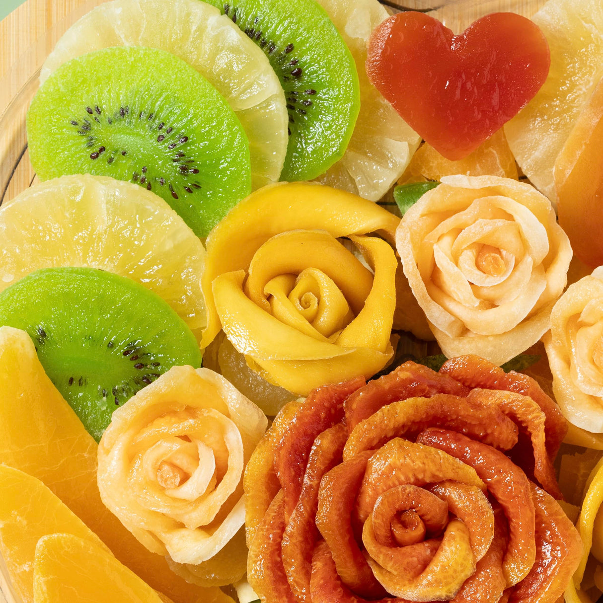Dried Fruit Gift Basket- Heart Shaped Food Tray- Gourmet Assortment of Premium Tropical Fruits in Reusable Bamboo Heart Basket – Healthy Holiday Snack Gift for Thanksgiving, Christmas, Corporate Gifting- Bonnie and Pop