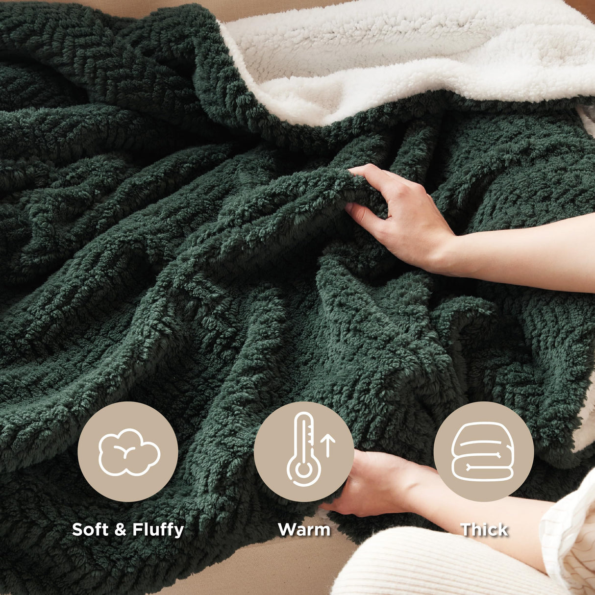 Bedsure Sherpa Fleece Throw Blanket for Couch - Herringbone Pattern Room Decor, Thick and Warm Christmas Blanket for Winter, GentleSoft Fuzzy Cozy Gifts for Women, Dark Green, 50x60 Inches