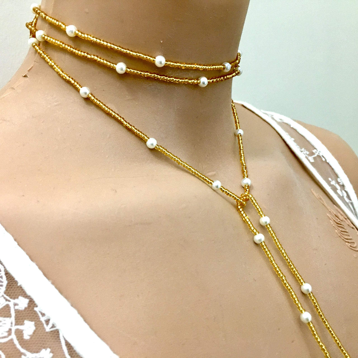Lariat Wrapped Necklace, Long Wrap Necklace, Tie Choker Jewelry, Seed Bead Necklace, Beaded Choker, Christimas Gift Woman