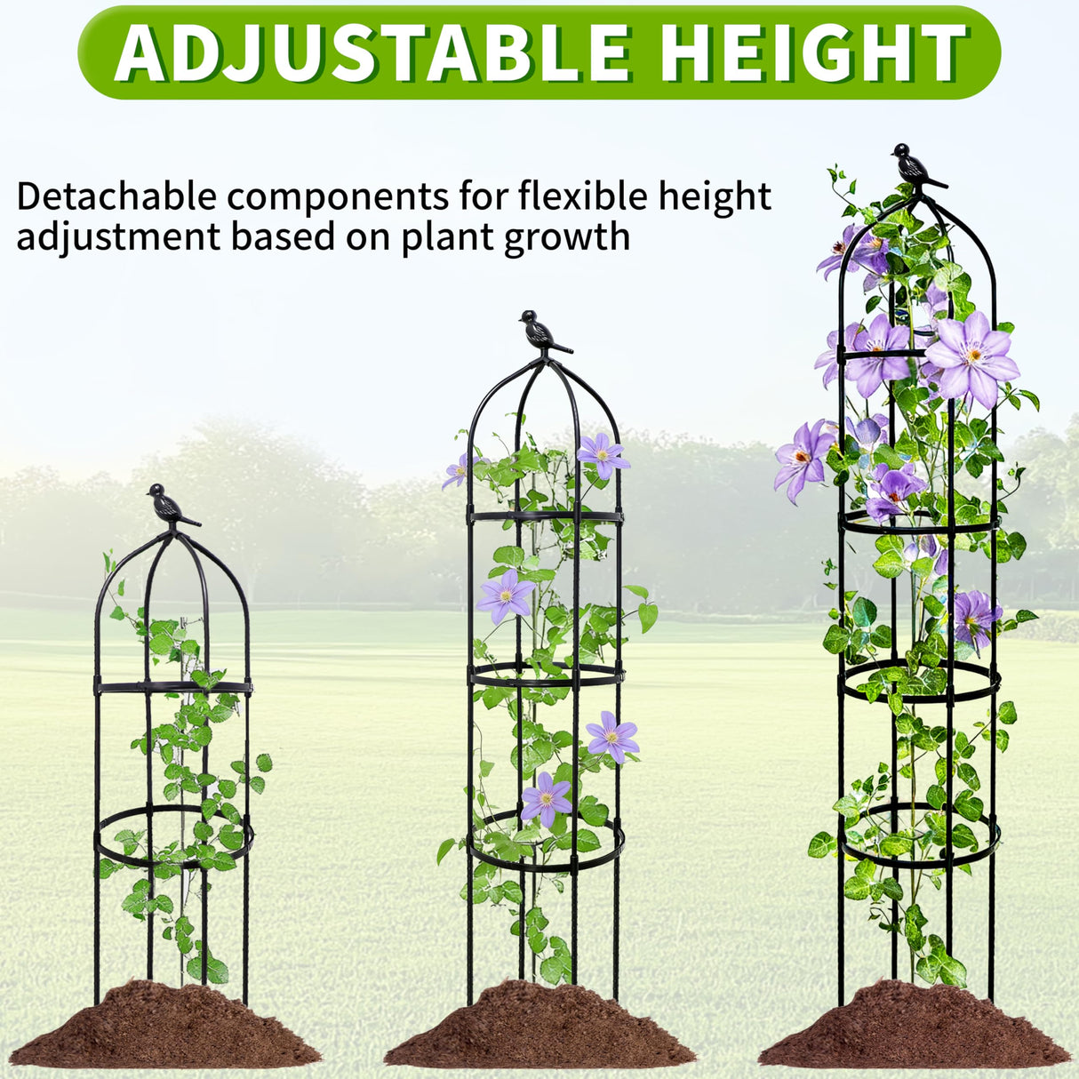6FT Garden Obelisk Trellis for Climbing Plants,Adjustable 4-Tier Metal Plant Support,Rustproof Outdoor Plant Tower with 3 Decorative Tops for Roses,Tomatoes,Clematis & Vines,Black