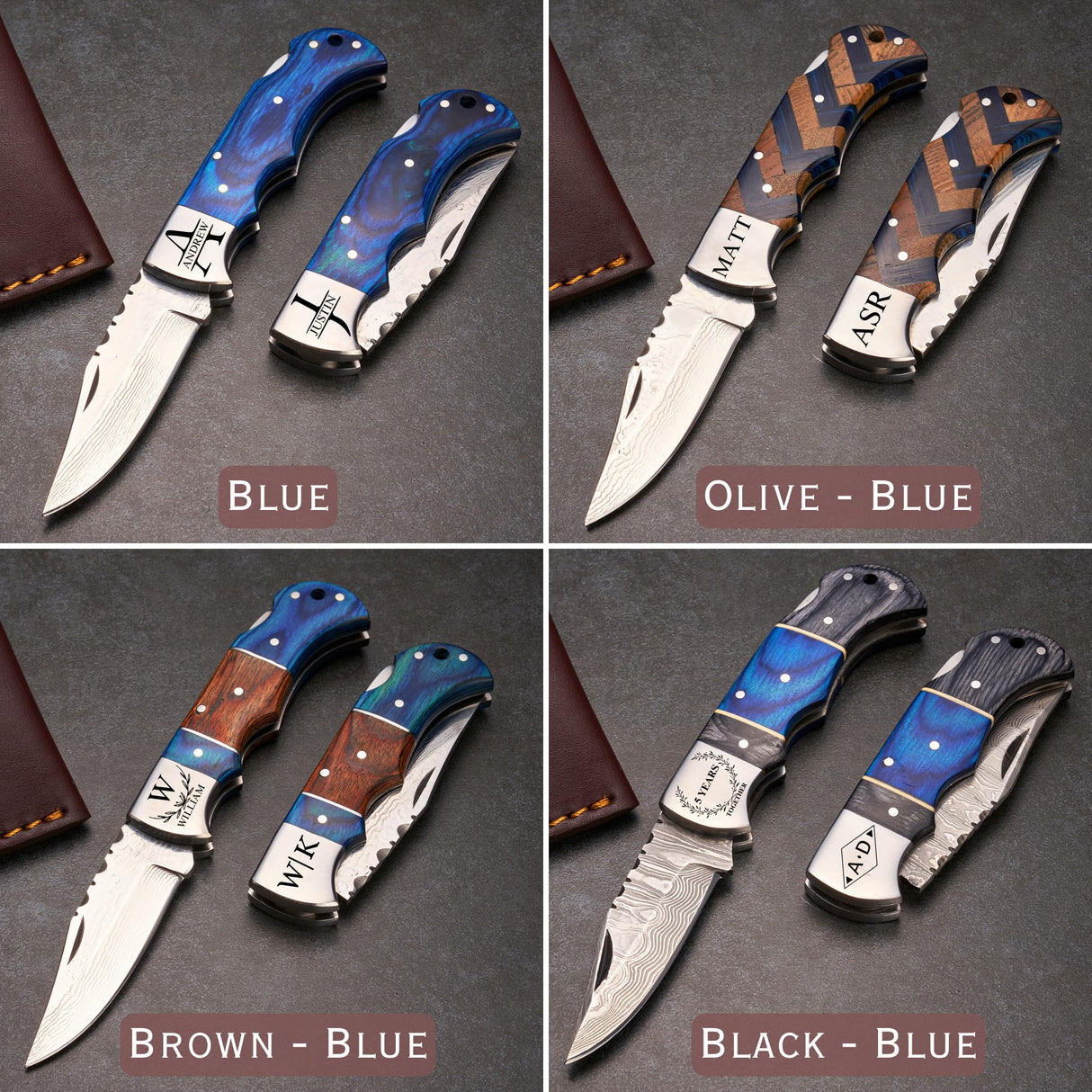 Personalized Folding Knife - Damascus Olive-Brown Pocket Knife, Custom Gift for Husband, Boyfriend, Dad, Son, Groomsmen, Perfect for Birthday, Anniversary, Father’s Day, Christmas Gift