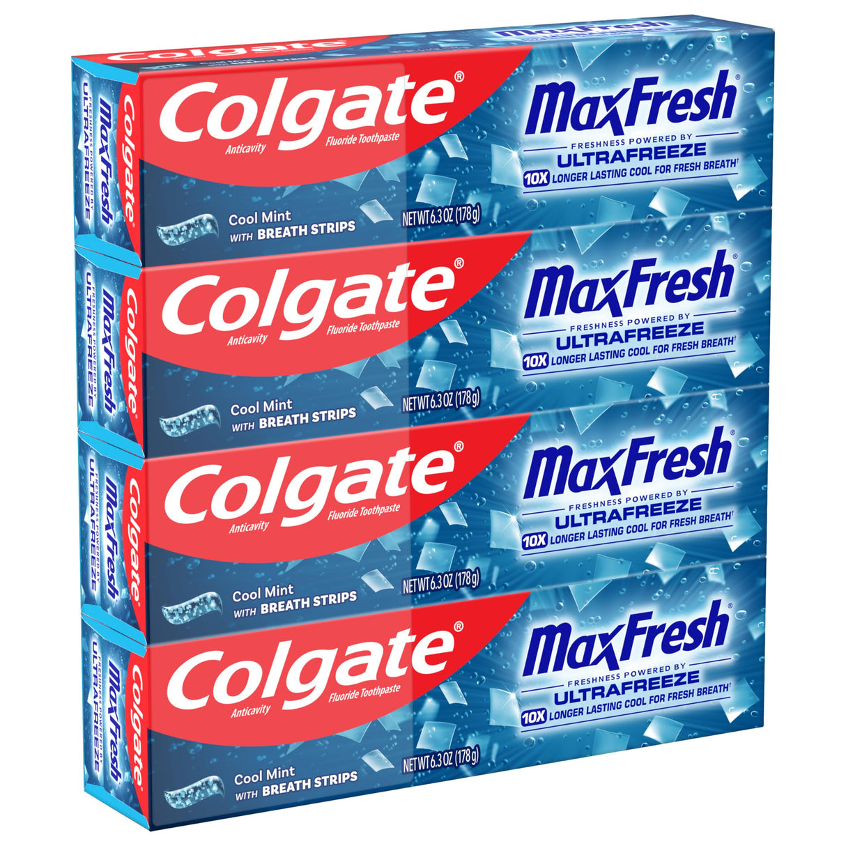 Colgate MaxFresh Cool Mint Toothpaste Pack, Fresh Breath Toothpaste with Fluoride and Hundreds of Mini Breath Strips, Leaves Mouth Feeling Refreshed for Hours, 4 Pack, 6.3 oz