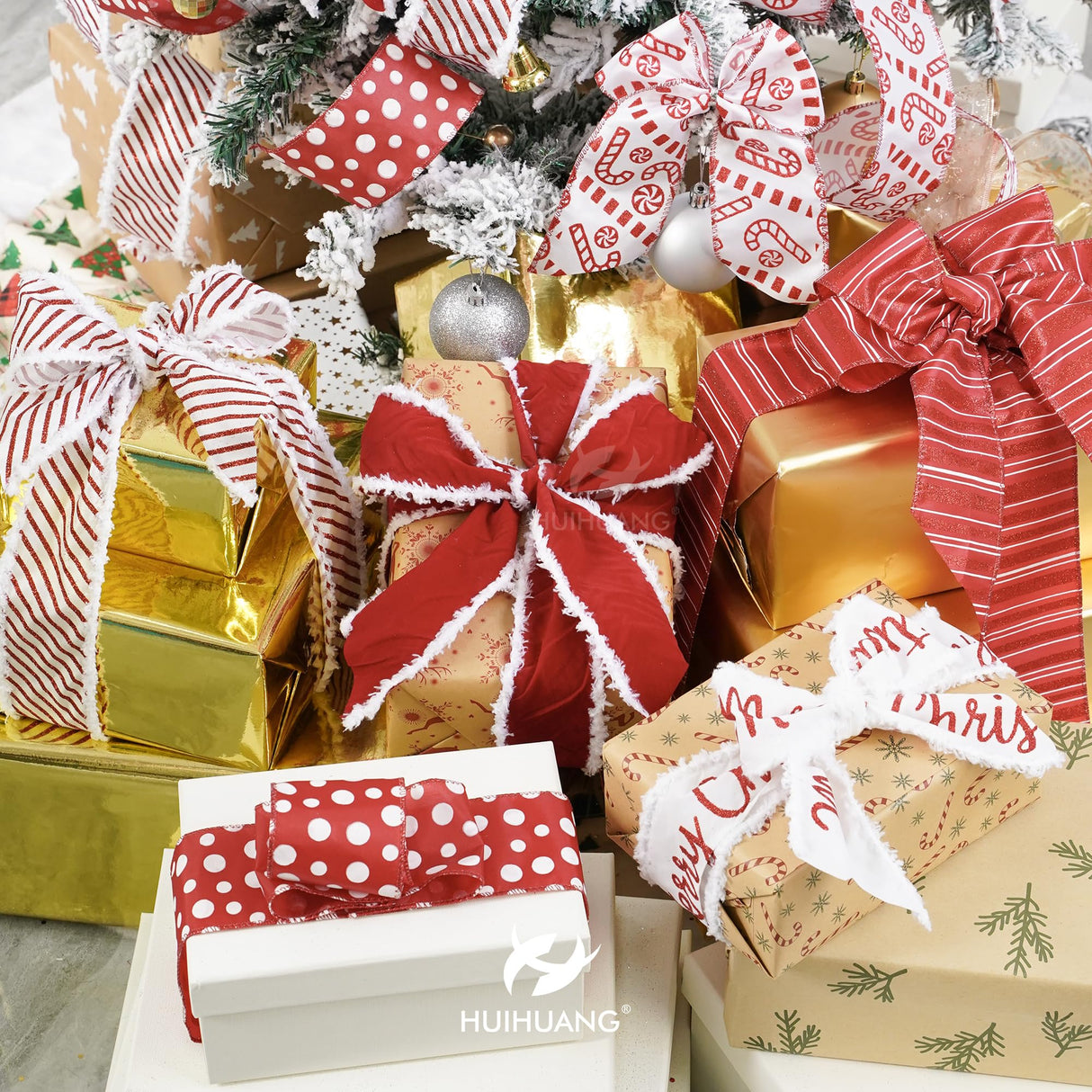 HUIHUANG Christmas Wired Red Christmas Tree Ribbon - 6 Rolls Red and White Candy Cane Ribbon for Tree, Gift Wrapping, Wreath, Garland, Home Decor (2.5" Width, 36 Yards Total)