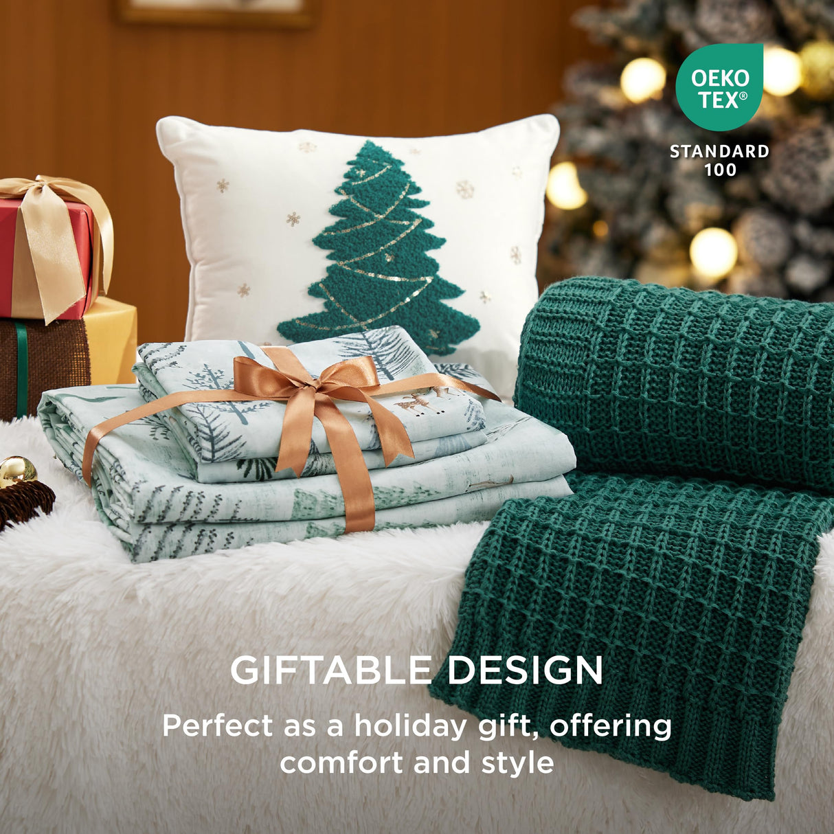 Bedsure King Size Christmas Duvet Cover - Green Forest Holiday Bedding Set, 5-Piece Collection Includes 1 Duvet Cover, 2 Pillow Shams, 1 Throw Blanket, and 1 Decorative Pillow (King, Green Forest)