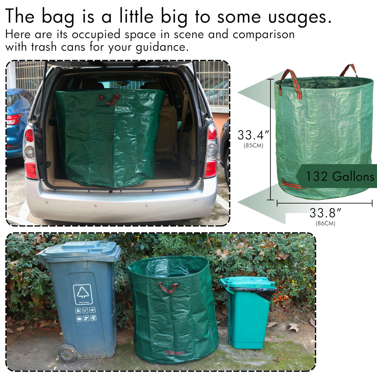 Gardzen 2-Pack 132 Gallon Yard Waste Bags, Reusable Heavy Duty Collapsible Garden Leaf Bags with Plastic Ring, Stand-Up Yard Waste Bin for Leaves, Lawn Debris & Grass Clippings