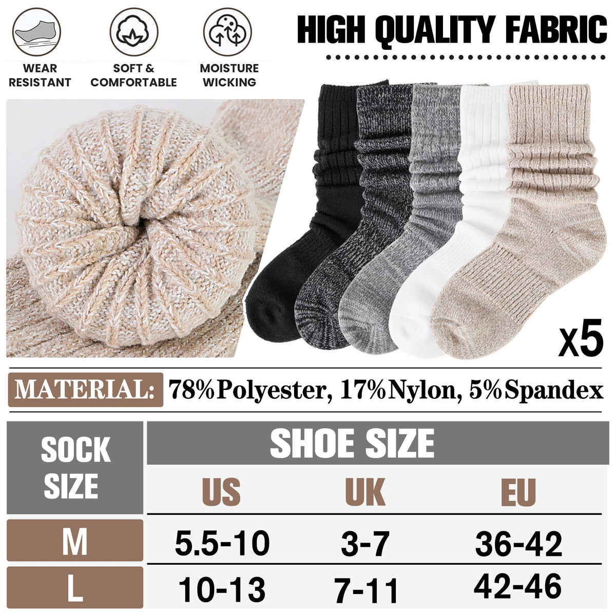 Sandsuced Womens Slouchy Boot Socks Winter Warm Cozy Slouch Scrunch Winter Fuzzy Fluffy Crew Socks 5 Pairs Gifts Stocking Stuffers(Black/Dark Grey/Light Grey/Khaki/White, M)