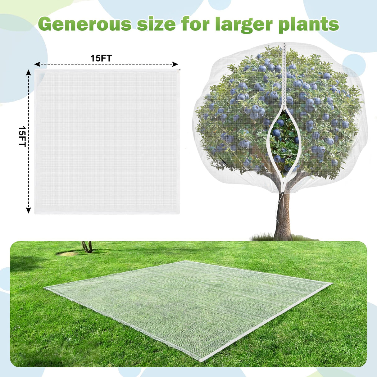 15x15FT Fruit Tree Netting with Zipper and Drawstring - Heavy-Duty Fine Mesh Garden Bird Netting for Fruit Trees, Protect Fruits from Birds, Squirrels,Insects,Deer & Pests
