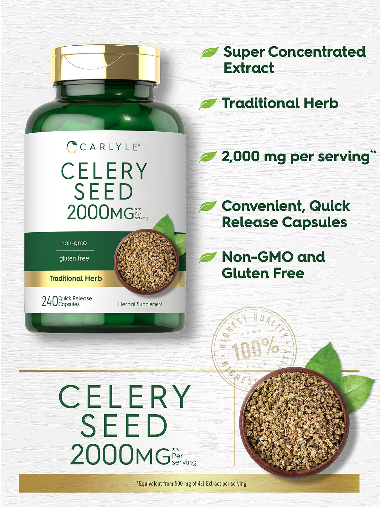Carlyle Celery Seed Extract Capsules | 2000mg | 240 Count | Traditional Herb Supplement | Non-GMO and Gluten Free Formula