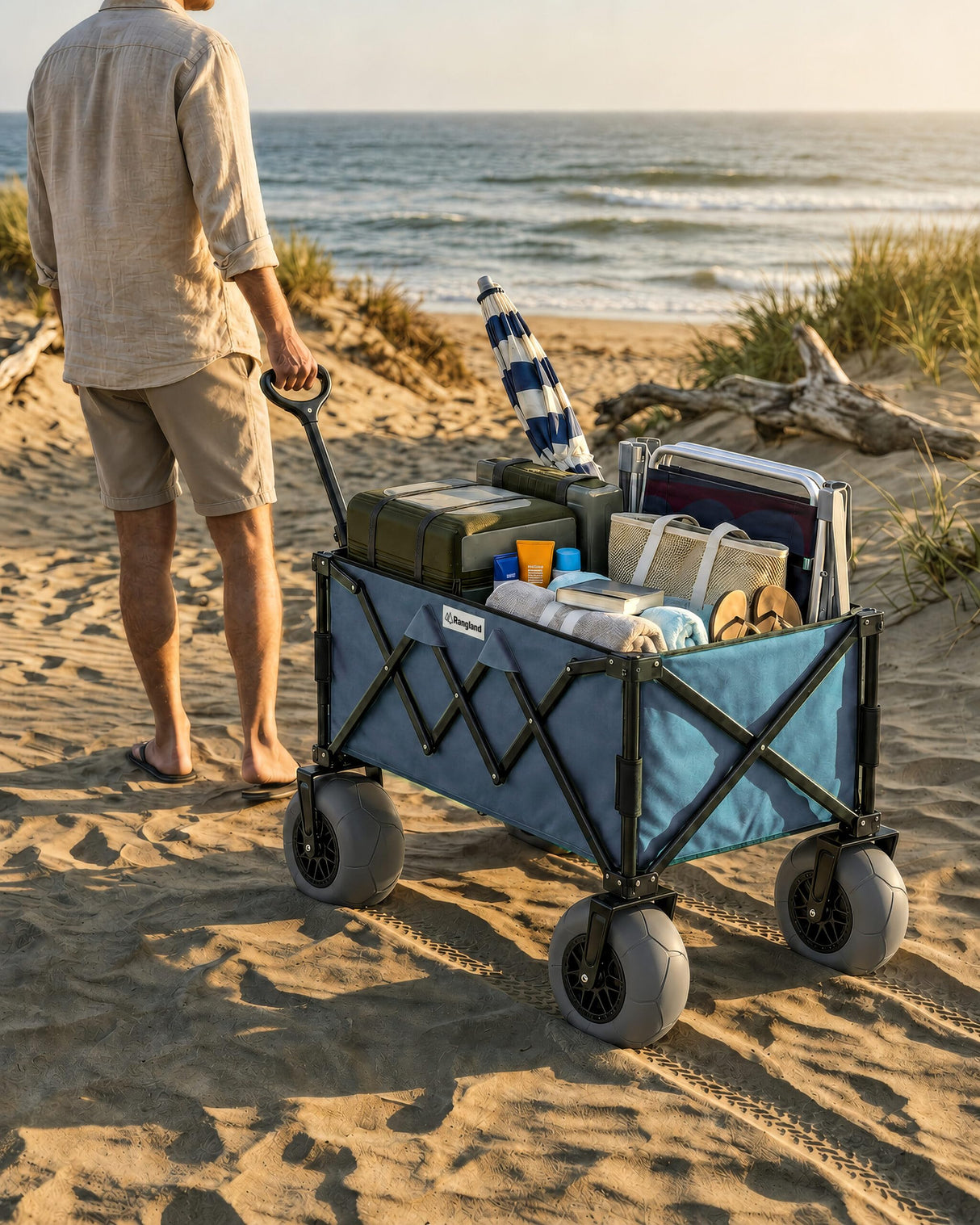 Rangland Beach Wagon with Big Wheels for Sand - All Terrain Steel Frame Utility Cart with 9" Pneumatic Tires, Collapsible Folding Design (Sand Warrior RX800)