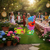 2 Pcs Giant Alice Party Decorations Props Sets Wonderland Yard Signs Decor Mad HatterTea Party Decoration Alice Themed Trick or Treat Stacked TeacupsTeapot with Stakes Stand Indoor Outdoor