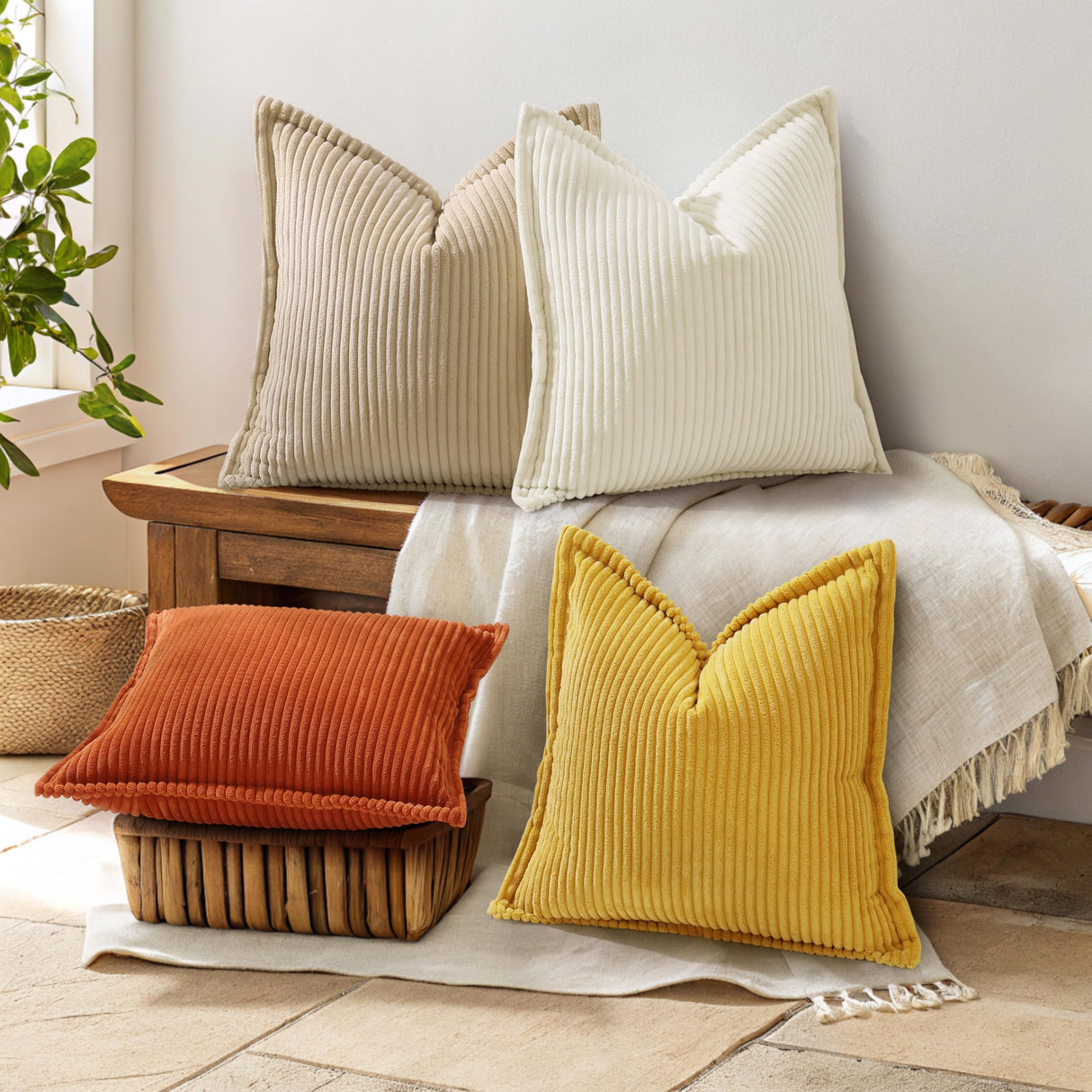 decorUhome Christmas Corduroy Cream White Throw Pillow Covers 22x22 Set of 2 Decorative Soft Boho Farmhouse Euro Couch Pillow Covers for Living Room Bed Sofa Broadside Striped Pillow Cases