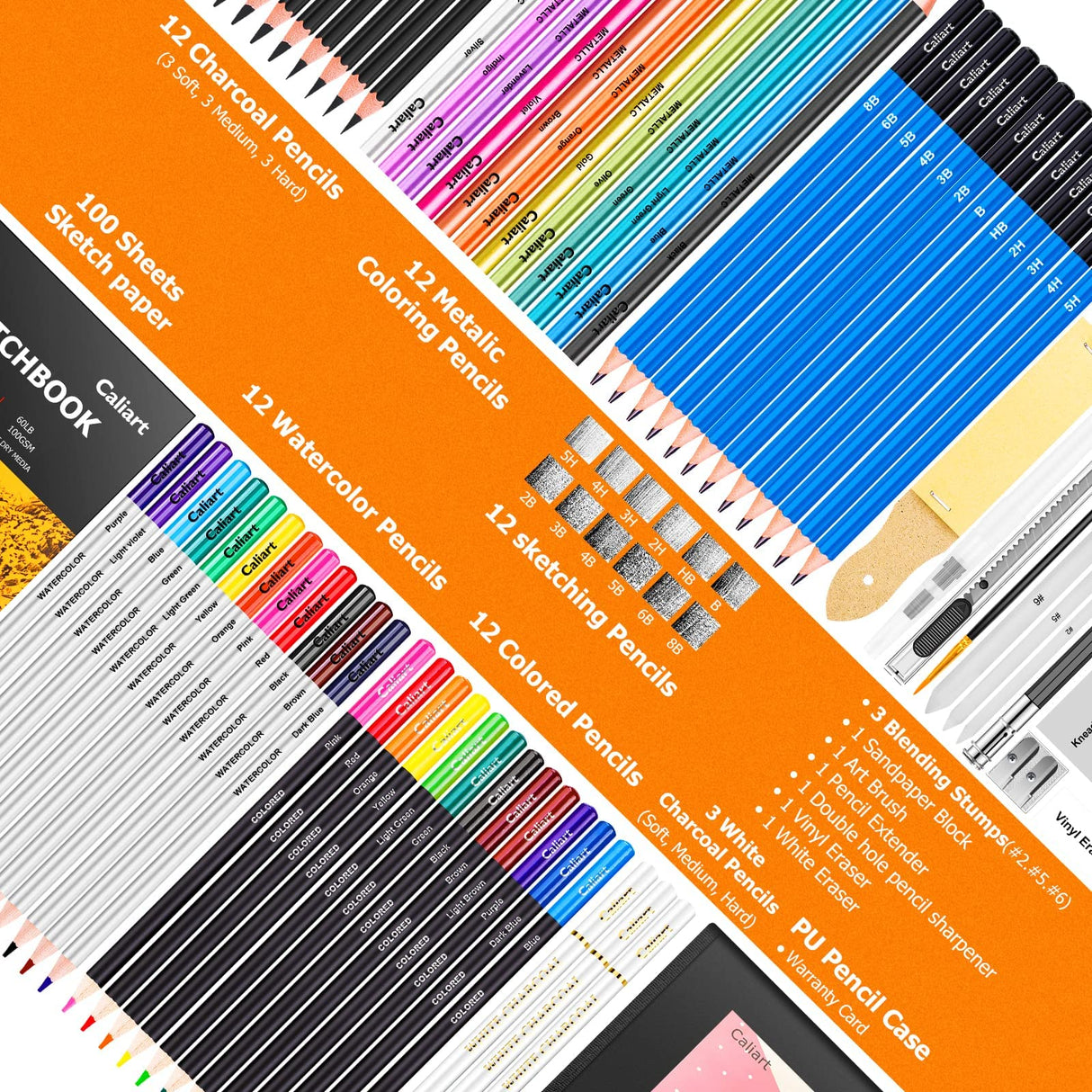 Caliart 176PCS Art Supplies Sketching Kit with 100 Sheets 3-Color Sketch Book, Graphite Colored Charcoal Watercolor & Metallic Pencils, Drawing Set Christmas Gifts for Adults Teens Girls Boys Kids