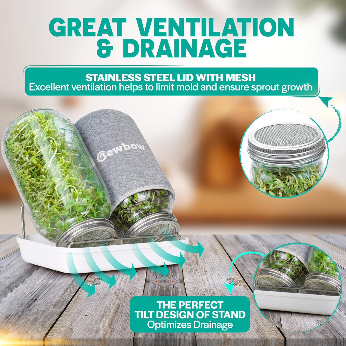 [LARGE SIZE] 2000ml(68oz) Seed Sprouting Mason Jar Kit with Stand,Drain Tray, Screen Lids,Blackout Sleeves,Good Ventilation & Drainage Capacity,Growing Fresh Organic Mung Beans,Broccoli & Microgreens