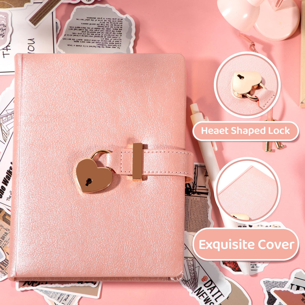 CAGIE Diary with Lock for Girls with Pen Heart Shaped Lock Diary with 2 Keys Golden Edge Lock Journal for Girls Women 290 Pages Journal with Lock for Writing, Travel, 5.3 x 7.1 inches, Pure Pink