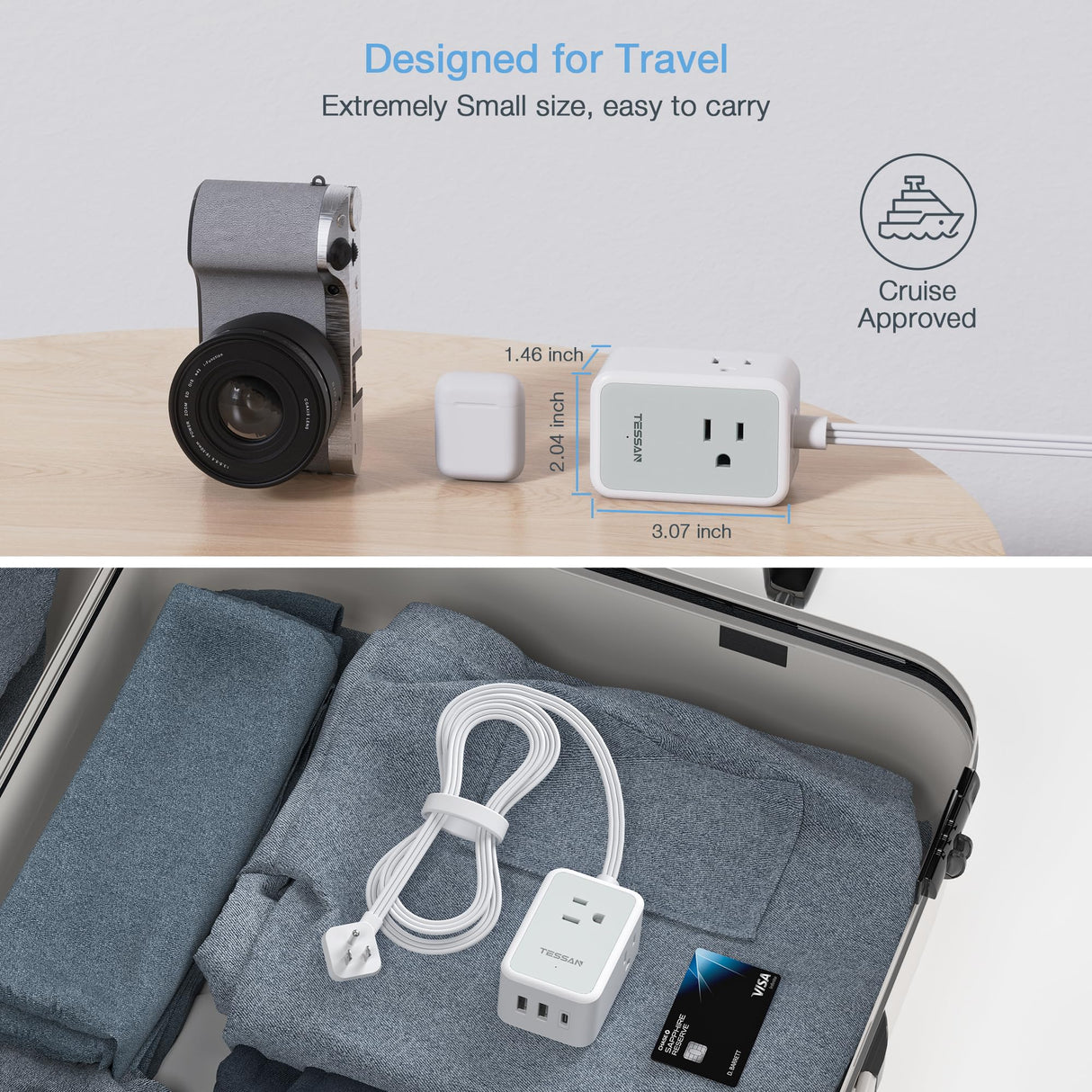 TESSAN Small Flat Plug Power Strip, Ultra Thin Extension Cord 5 ft, 3 AC Outlets with 3 USB Ports (1 USB C), Multiple Wall Outlet Extender for Cruise Travel Office School Dorm Room Essentials
