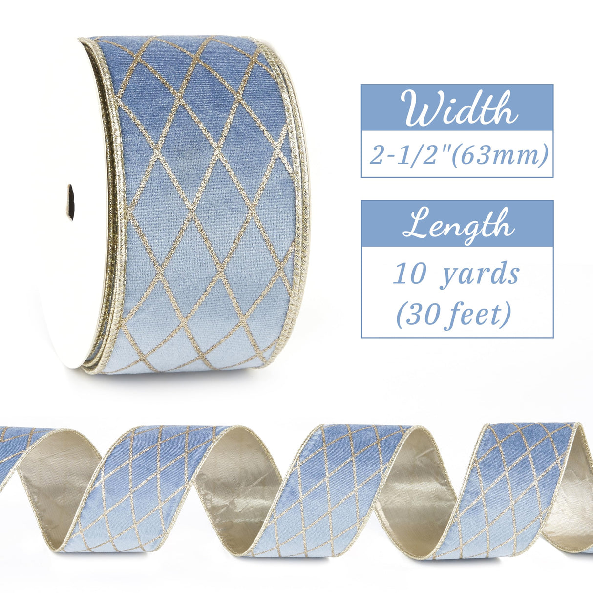 MAYREEL 2.5 Inch Dusty Blue and Gold Velvet Wired Ribbon Metallic Diamond Glitter Grid for Christmas Gift Wrapping Floral Craft Bows Wreaths Garland Holiday Decor 10 Yards
