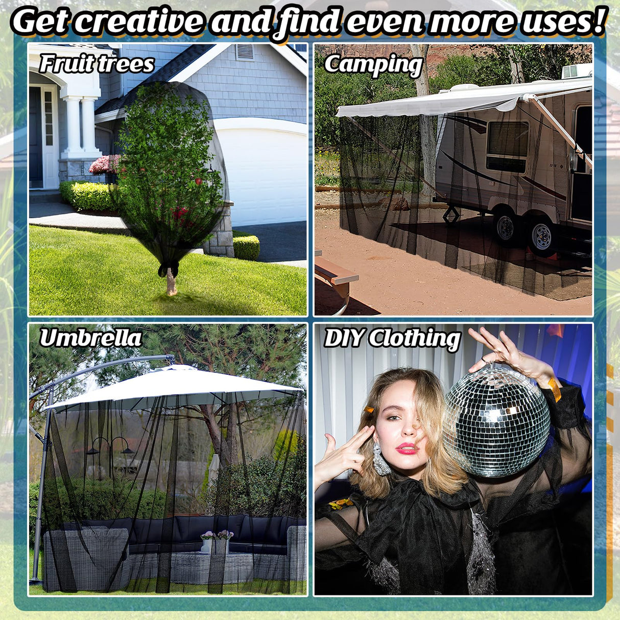33x10ft Ultra-fine Mesh Mosquito Net, Patio Screen Netting, 1Pc Black