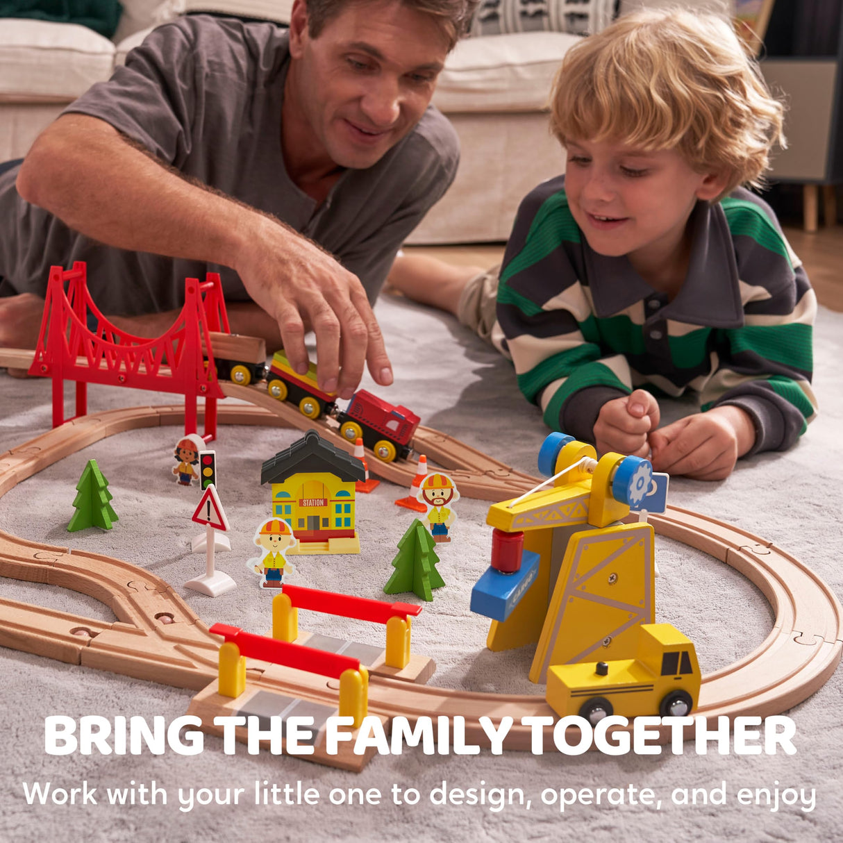 60PCS Wooden Train Set - Toy Magnetic Trains with Wooden Track Set for Kids Ages 3-8, Construction Crane Railway Set, Perfect Christmas Birthday Gift for Grandkids Toddlers Boys Girls