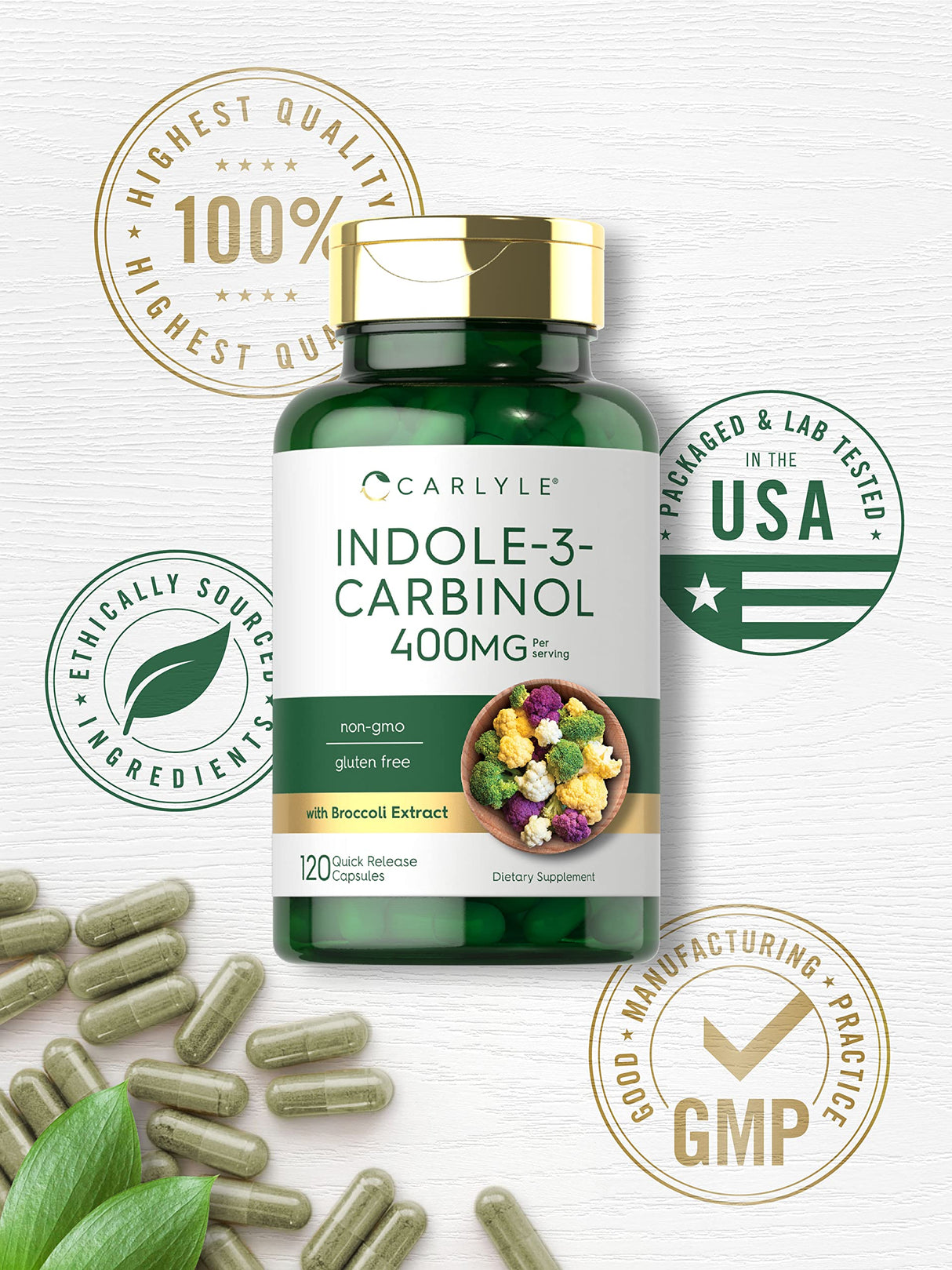Carlyle Indole-3-Carbinol (I3C) 400mg | 120 Capsules | Advanced Formula with Broccoli Extract | Non-GMO, Gluten Free