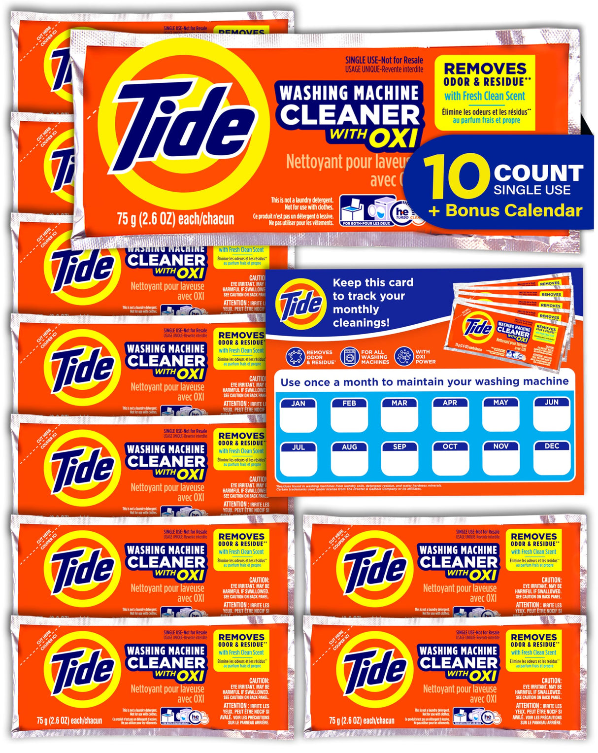 Tide Washing Machine Cleaner, Washer Machine Cleaner with Oxi for Front and Top Loader Washer Machines, Deep Cleaning Residue & Odor Eliminator, 10 Month Supply + Calendar