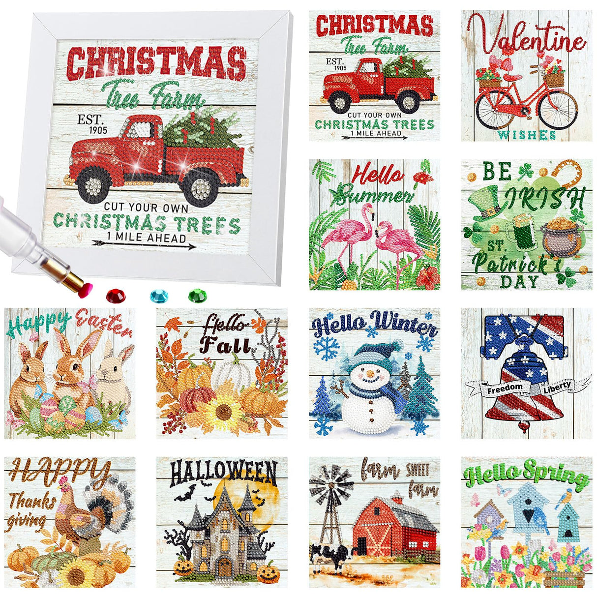 Trandraft 13 Pcs Interchangeable Seasonal Diamond Painting Kits for Adults Monthly 5D Diamond Art Calendar Kits with Frame for Christmas Thanksgiving Winter Holiday Decor Gift(Stylish Style)