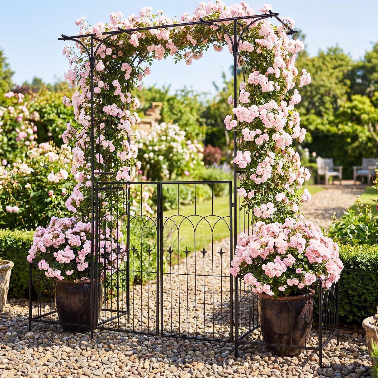 Giantex 81" H Metal Garden Arbor Arch Trellis with Gate and Planter