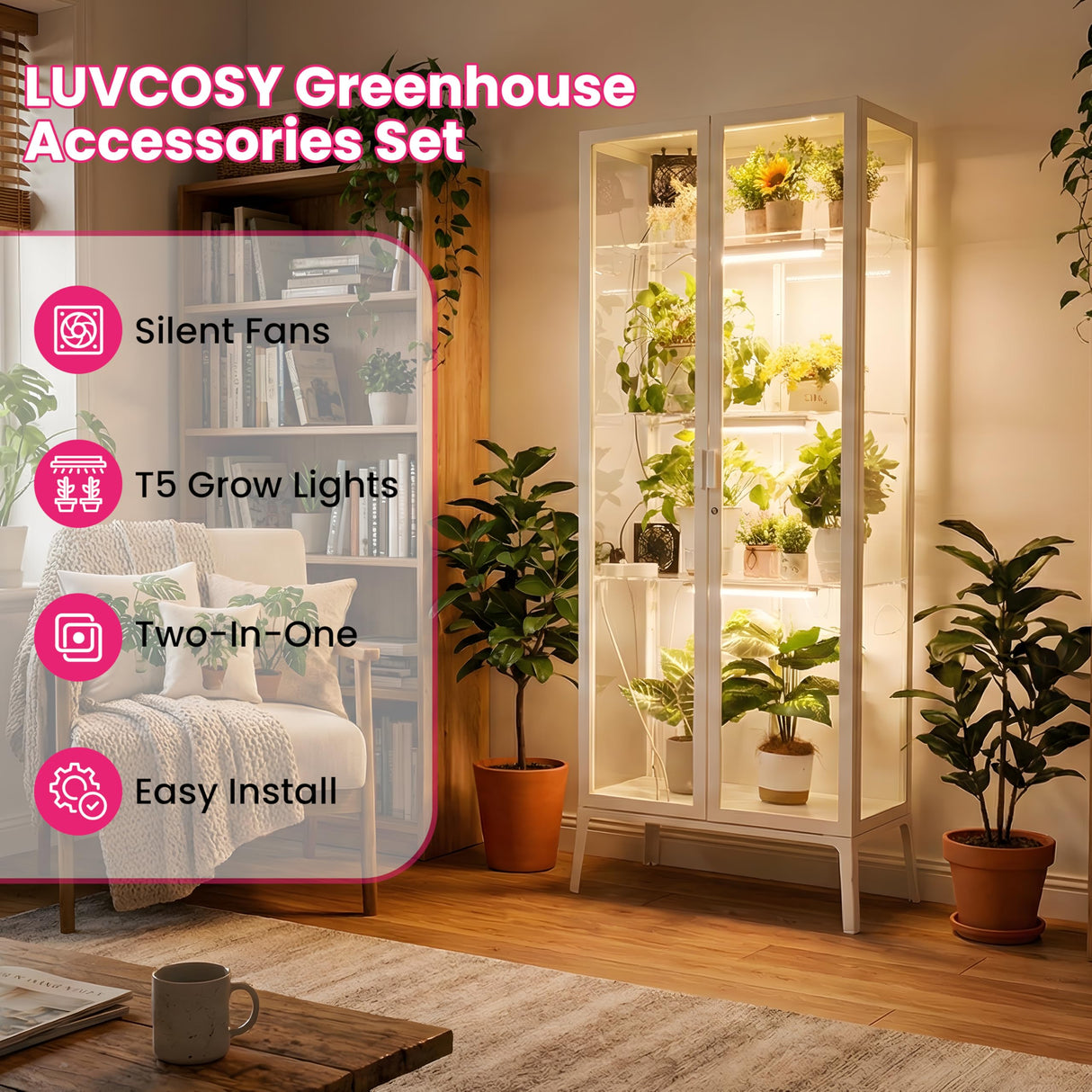 LUVCOSY 4 Pack T5 Grow Light Strips + 2 Pack USB Fans for Indoor Plants, Accessories Set for Indoor Greenhouse Cabinet for IKEA, Full Spectrum Sunlight Grow Lamp & Silent Portable Cooling Fan-ALL IN 1