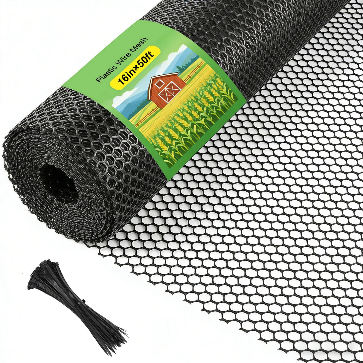 Plastic Wire Mesh Fence Roll 16 in x 50FT Plastic Chicken Mesh with 80 Pcs Zip Ties Balcony Garden Netting Fencing Barrier for Dogs, Poultry, Puppy, Garden Snake Barrier