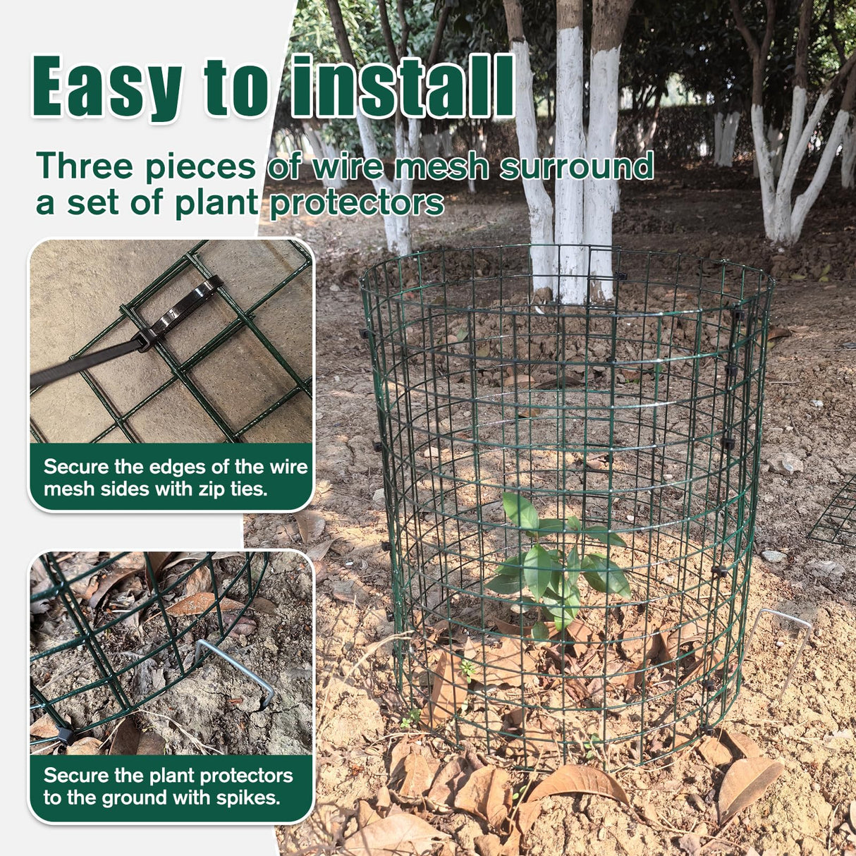 KEOHOLI 10 Packs Plant Protectors Cages from Animals, 12" x 12" 30 Pcs Wire Meshs with 200 Pcs Zip Ties and 30 Pcs Stakes, Plant Protector Cages from Rabbits Squirrels Chicken for Vegetables Flowers